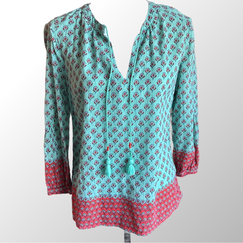 Boden Floral Block Print Blouse Women US 2 Turquoise Cotton Tassel Peasant Top